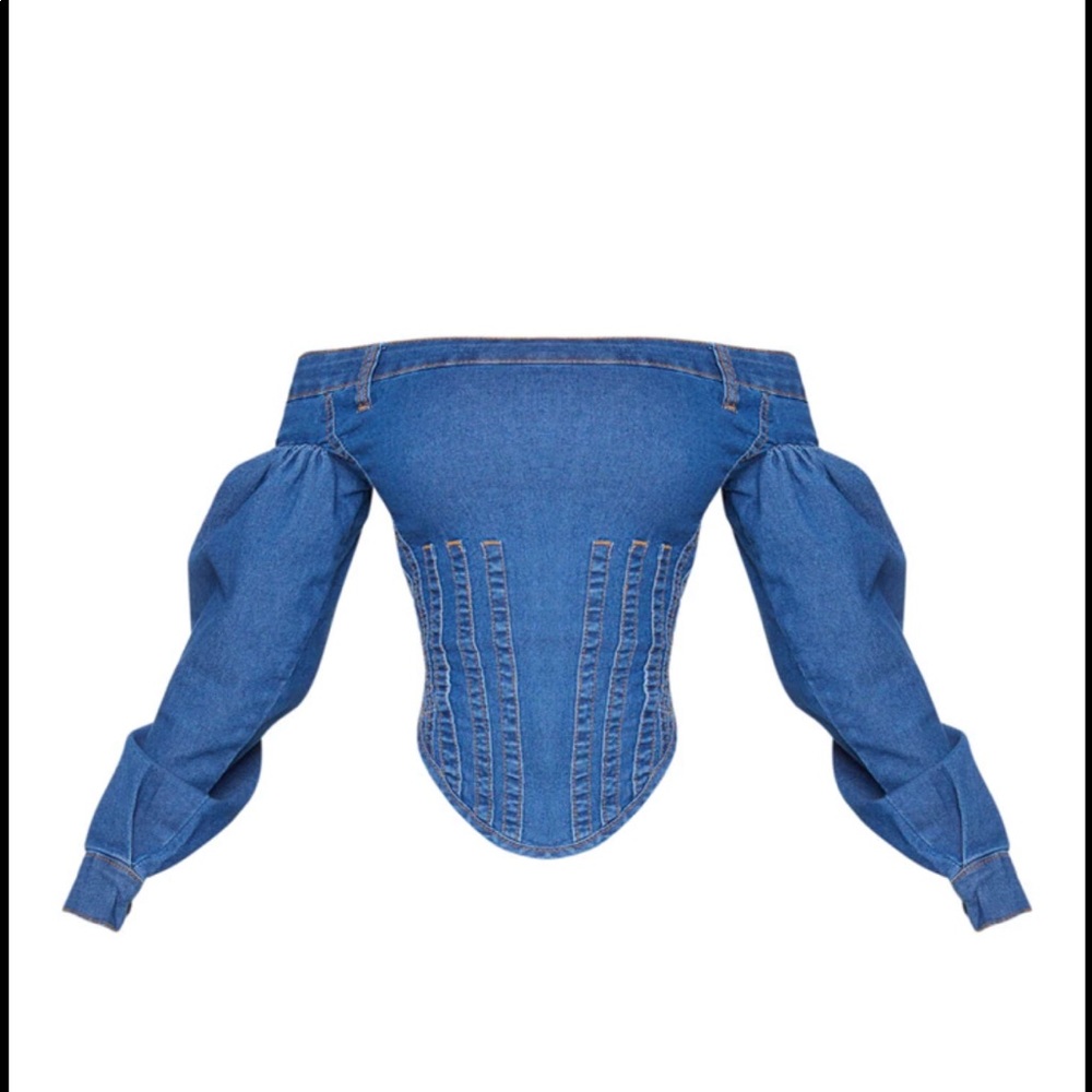 NWT -PrettyLittleThing Denim Bardot Balloon Sleeve